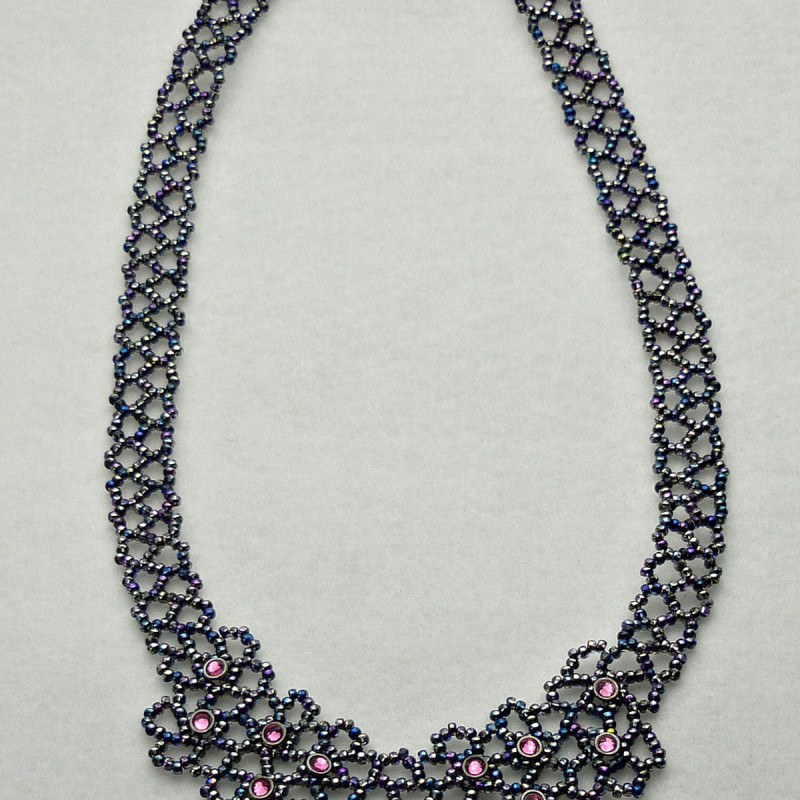 Shaped hexagon netting form this necklace woven from magic-lined seed beads, with Crystalette accents